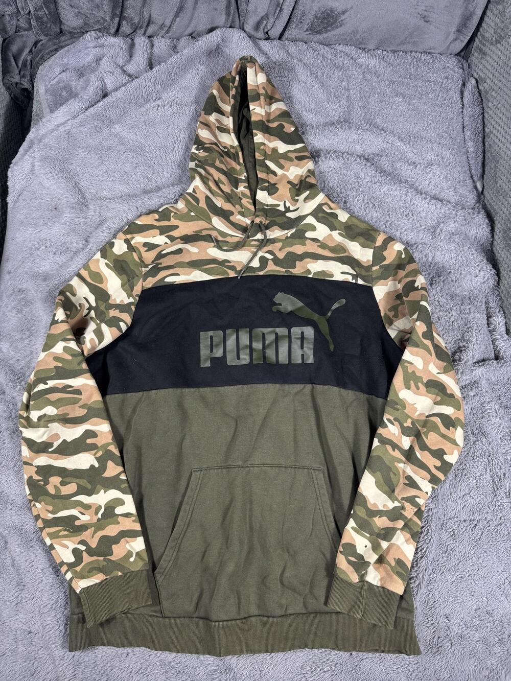 PUMA Hoodie Mens 2XLT Green Camo Fleece Pullover Logo Big & Tall Kangaroo Pocket